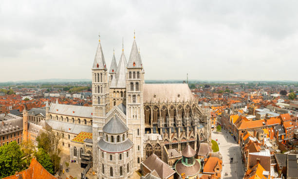 Notre-Dame de Tournai towers and surrounfing streets with old buildings panorama, Cathedral of Our Lady, Tournai, Walloon municipality, Belgium