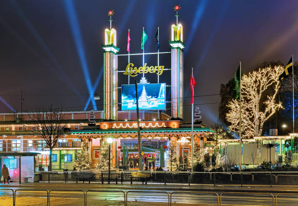 Liseberg Amusement Park Gothenburg, Sweden - December 17, 2015: Main entrance of Liseberg park with Christmas decoration. Liseberg is one of the most visited amusement parks in Scandinavia and the most famous Christmas Market of Sweden. Photo taken outside the park territory.