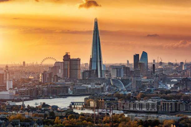 View to the modern skyline of London, United Kingdom, in autumn during sunset time with all the popular tourist attractions