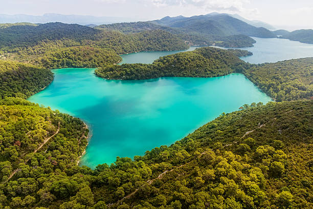 Aerial helicopter shoot of National park on island Mljet, Dubrovnik archipelago, Croatia. The oldest pine forest in Europe preserved.
