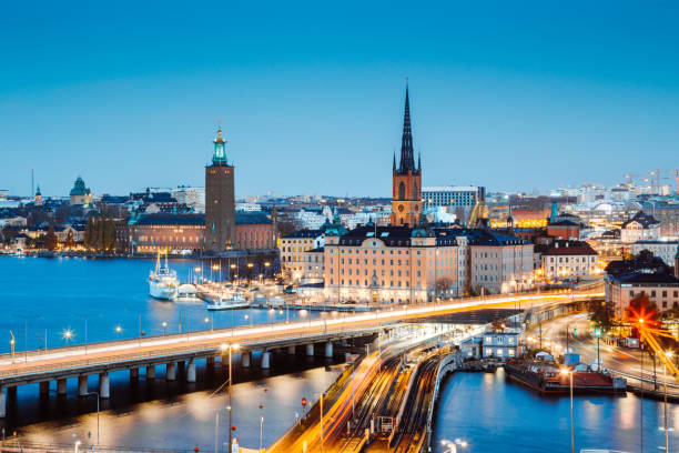 Stockholm Panoramic view of Stockholm city center with famous Riddarholmen in Gamla Stan in beautiful twilight, Sodermalm, central Stockholm, Sweden